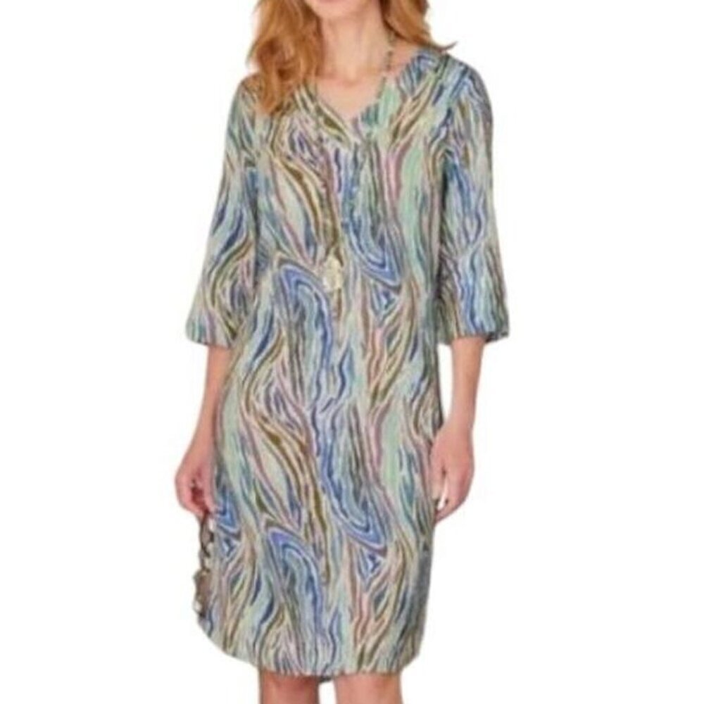 Soft Surroundings Postiano shift dress blue zebra animal print cotton v-neck XS